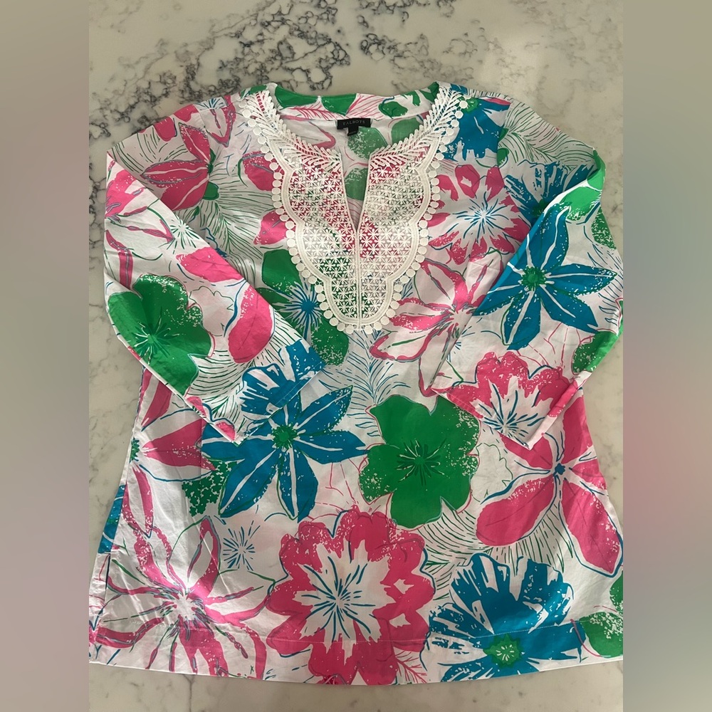 Talbots Womens Blouse Tunic V Neck Top  3/4 Sleeve Summer Cotton Size XS EUC